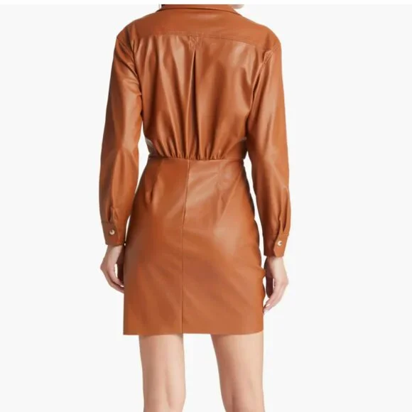 NWT Saylor Romania Long Sleeve Faux Leather Shirtdress in Cognac Brown XS